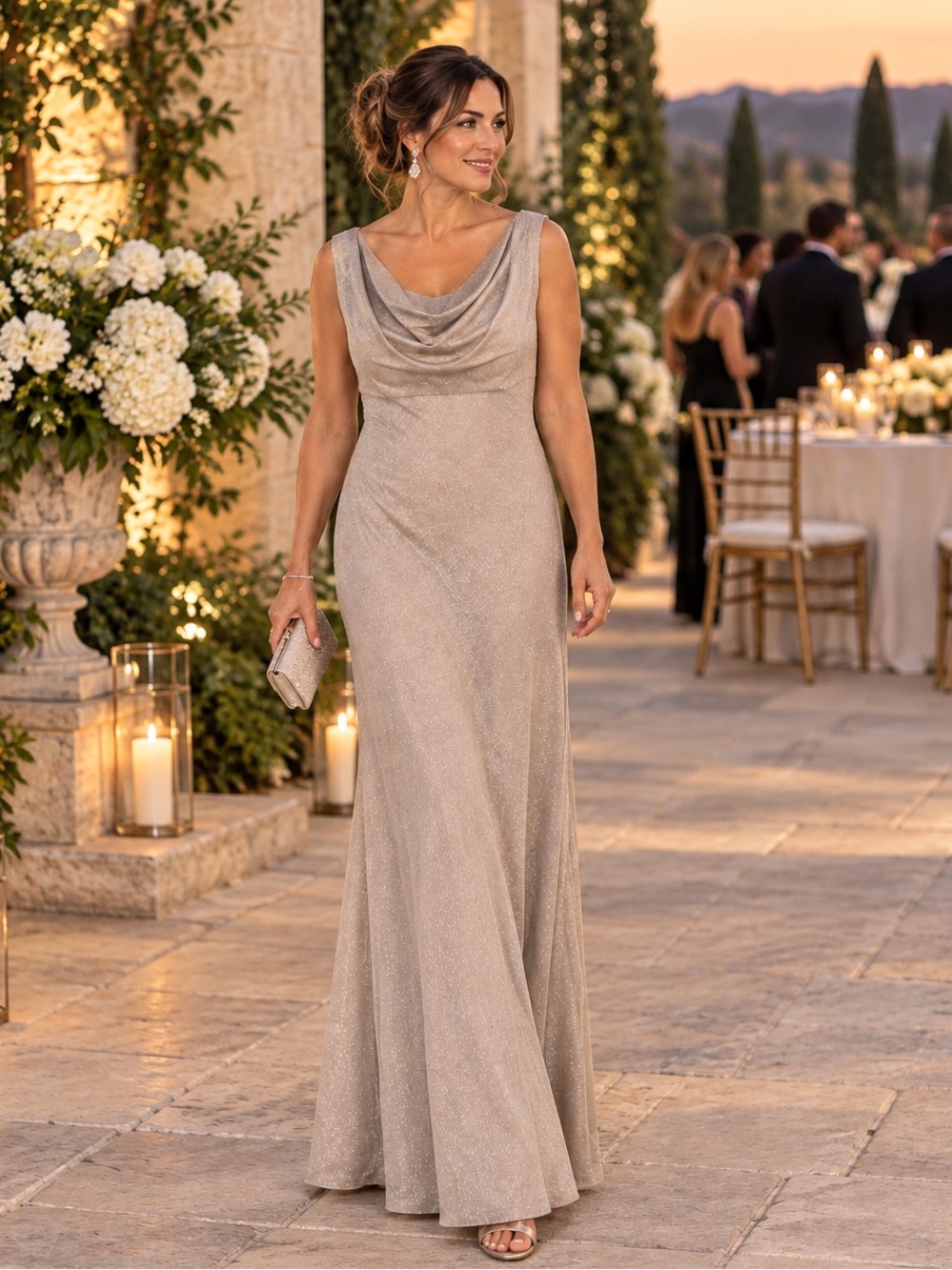 Betsy & Adam Women's Champagne Sparkle Cowl Neck Short Sleeve Maxi Gown 20W